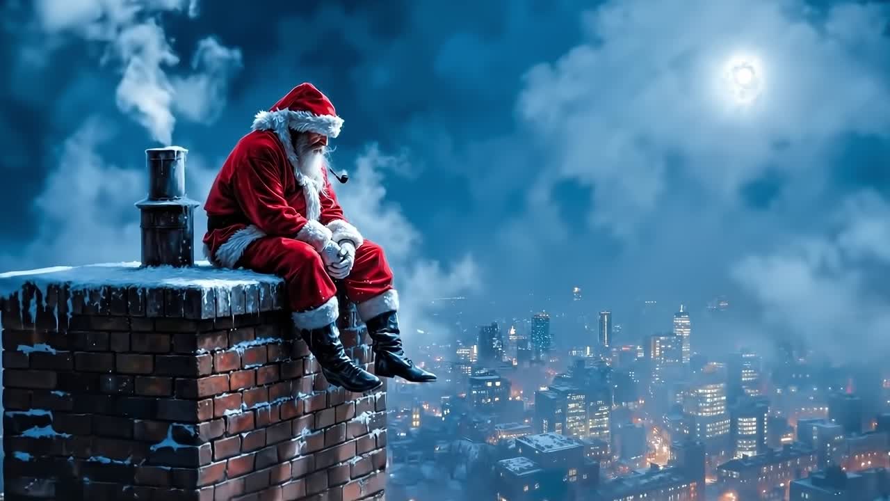 A santa claus sitting on top of a chimney with a city in the background