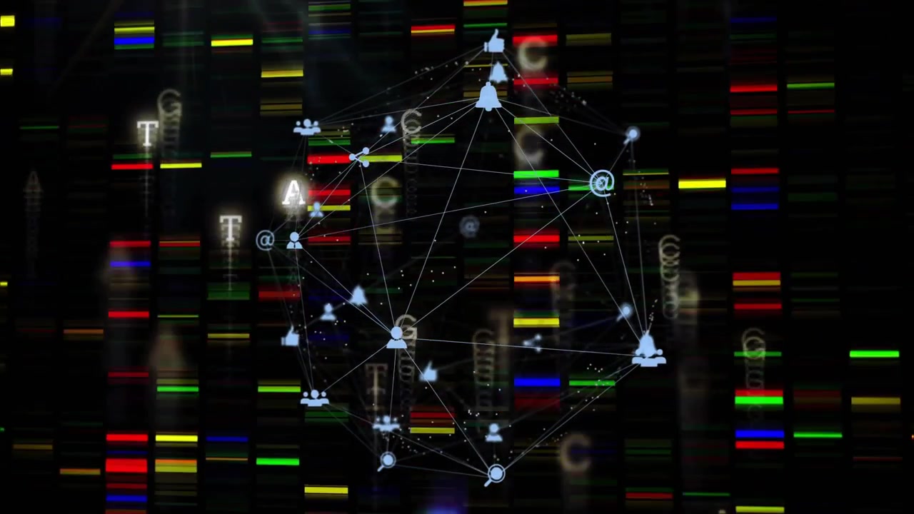 Web appearing, network rotating, scaling, revealing icons and letters, animating tech data flow