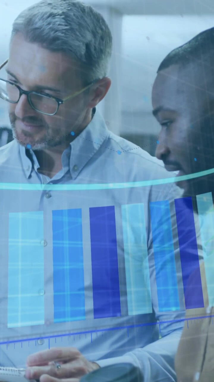 Animation of data processing over diverse business people in office