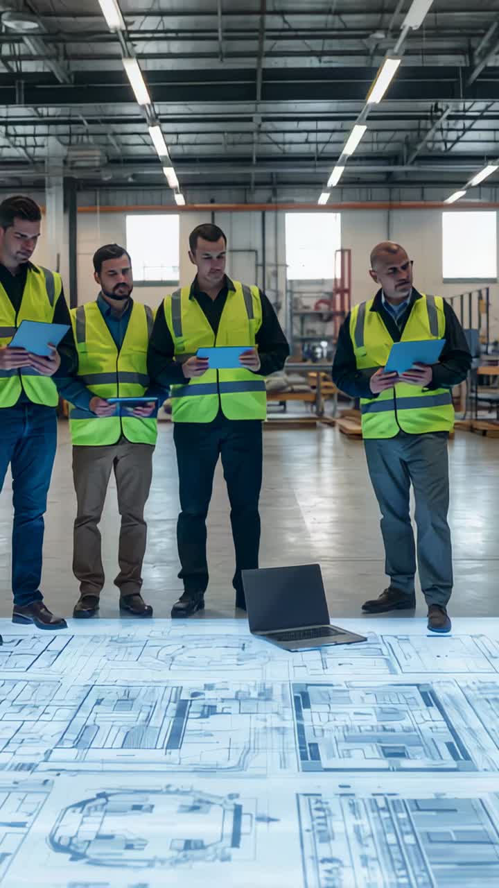 Vertical video: Scanning 4 men in vests with tablets checking plans at plant laptop starting check