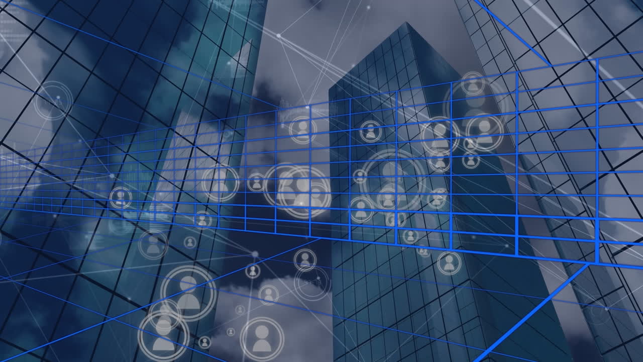 Animation of network of connections and icons over cityscape