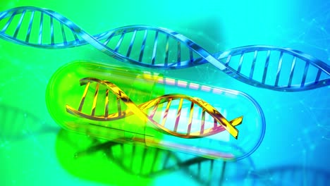 genetic research concept, capsules with golden dna structure medical 3d video animation