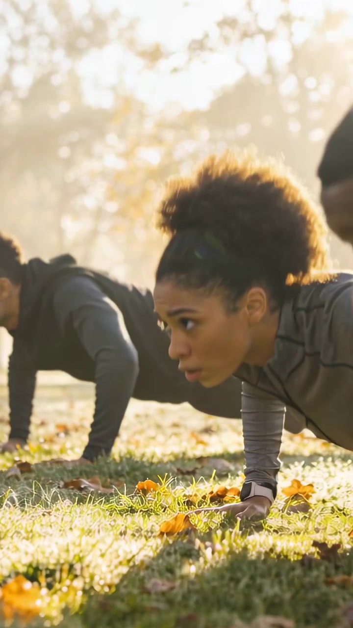 Vídeo vertical: Mulher começando série de flexões em sessão no parque, vestindo blusa de manga comprida e relógio.