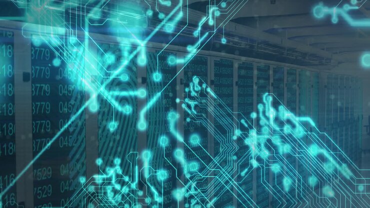 Animation of digital circuit pattern overlaying servers in data center environment
