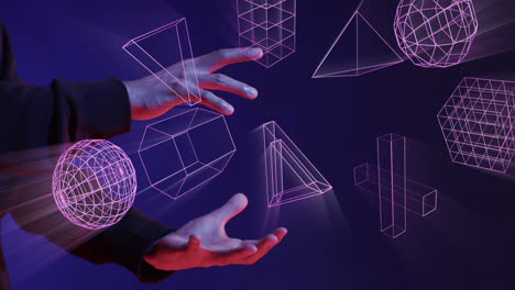 Animation-of-glowing-3d-shapes-of-data-transfer-over-hands-of-asian-man