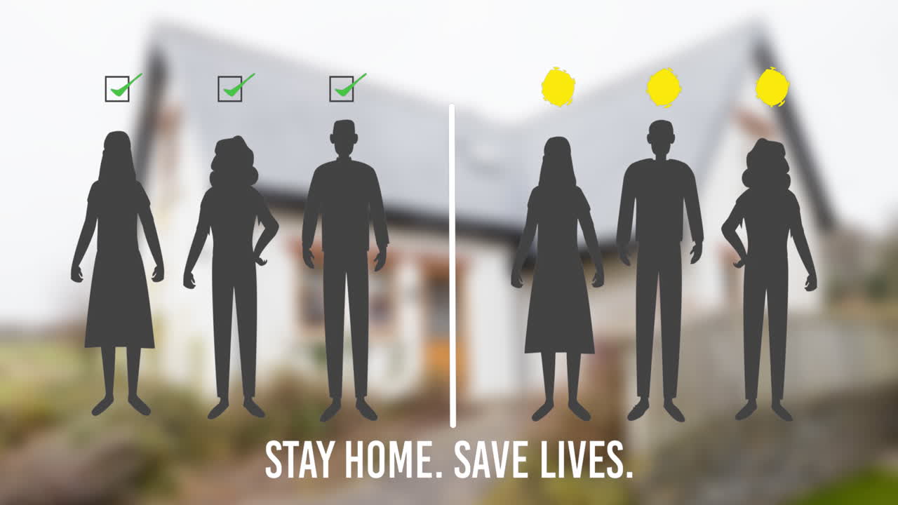 사회적 거리두기 덕분에 바이러스가 있거나 없는 사람들과 일치하는 사람들의 애니메이션