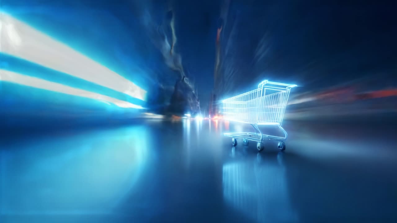 A Glowing Shopping Cart Racing Through a Futuristic Urban Landscape at Night, Showcasing Motion and Vibrancy in a Darkened City Environment Captured in Stunning Clarity