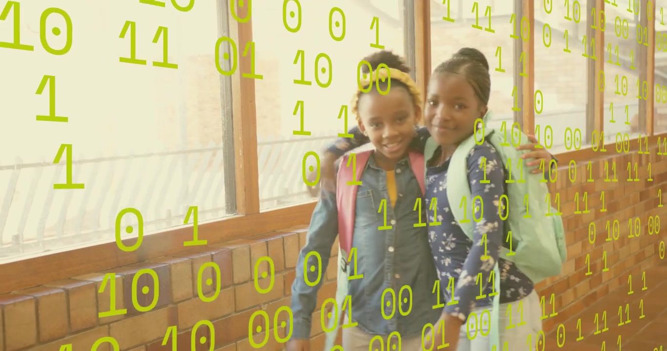Girl carrying pink backpack and boy entering hallway with scrolling binary overlay for education