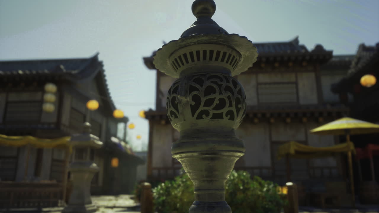 Traditional japanese architecture showcasing lanterns and detailed lantern post