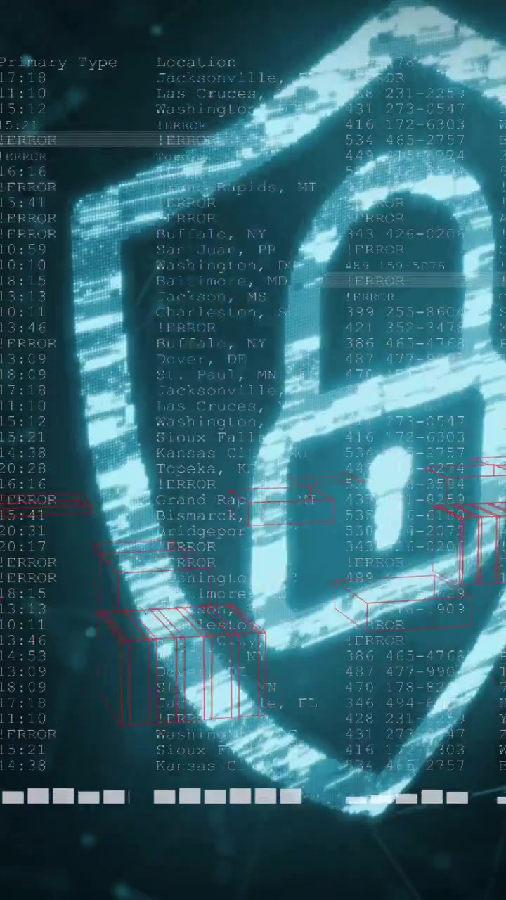 Video verticale: Scudo ciano luminoso che pulsa, liste con effetto glitch e griglia rossa per scansione di sicurezza.