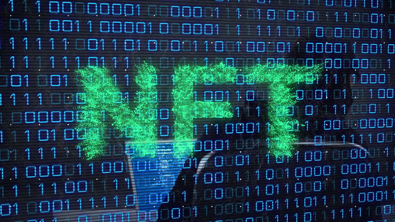 Animation of data processing and nft text over caucasian male hacker using laptop