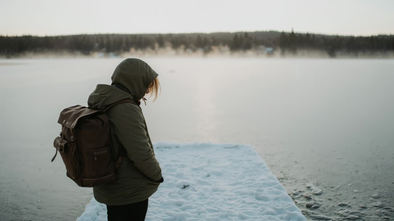 Standing woman with parka backpack watching lake mist on snowy dock, sun urging gaze, copy space