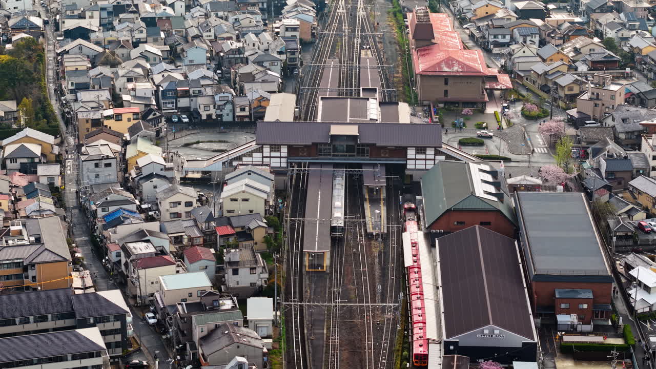Aerial drone view of the Arashiyama district in Kyoto Japan in daylight