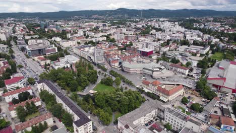 Aerial-orbit-city-Banja-Luka-Boska-shopping-center-and-park,-skyline-panorama