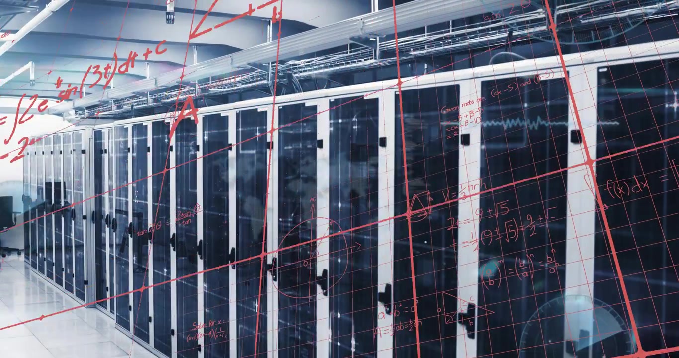 Animation of data processing and mathematical equations against computer server room