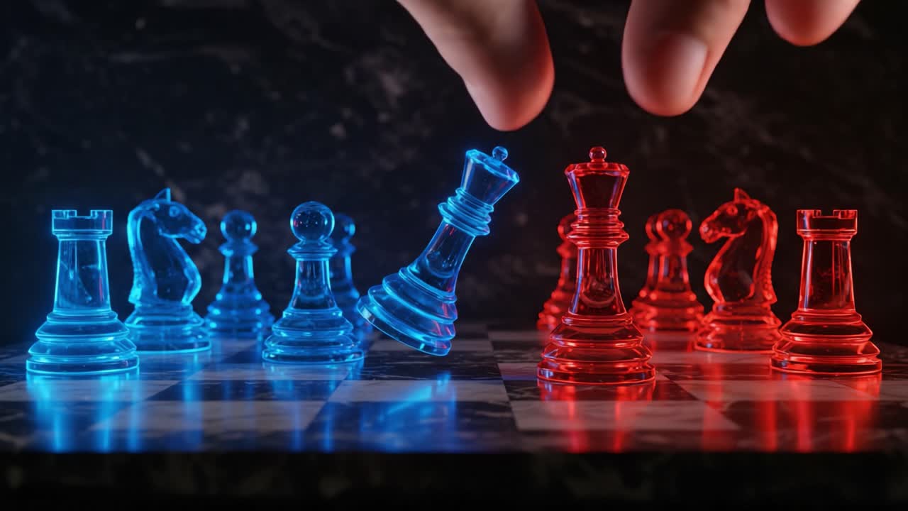 A Striking Encounter: A Dynamic Chess Match Between Crystal Blue and Fiery Red Pieces on an Elegant Marble Board