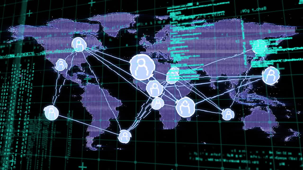 Animation of network of connections with world map and data processing on black background