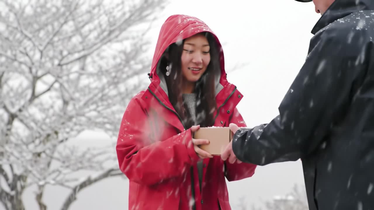 In a beautiful winter setting, a person wearing a red jacket happily receives a package from another individual while snowflakes gently fall around them.