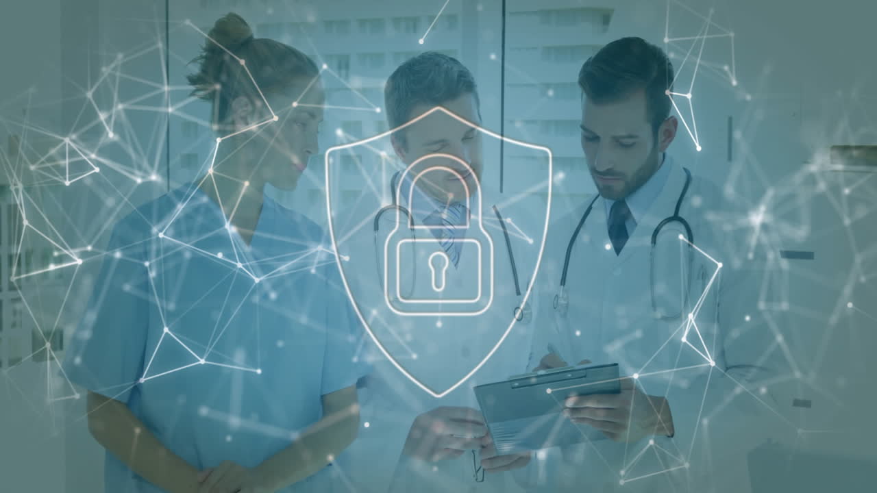 Reviewing patient information, doctors with cybersecurity lock animation over network connections