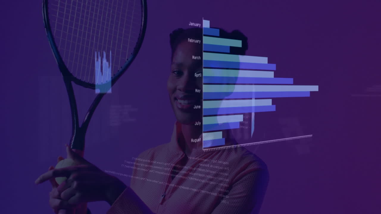 Woman balancing tennis ball while holding racket in sports tech studio, showing code overlays