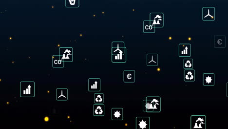 iconos ambientales y conceptos de sostenibilidad animación sobre un fondo oscuro con puntos brillantes