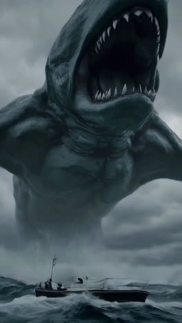 giant sea monster attacks fishing boat in stormy waters