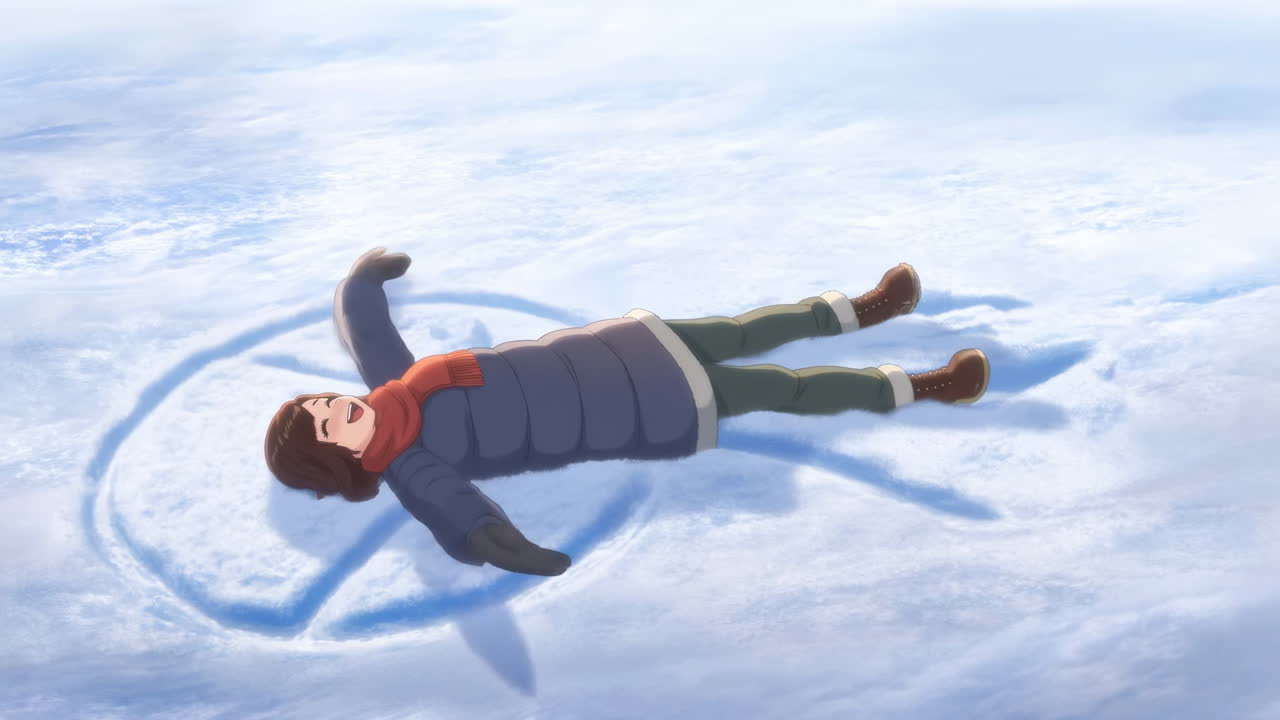Personaggio animato che fa un angelo nella neve in inverno