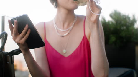 close-up view of elegant woman in red dress