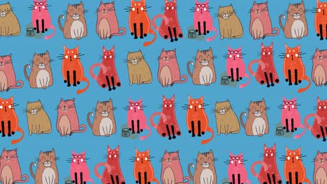 Animation-of-rows-of-cute-pet-cats-repeated-on-blue-background