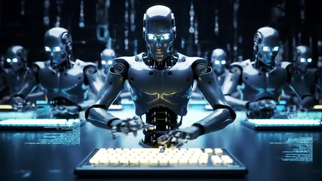 Futuristic Robotics: A Collective of Advanced Androids Engaged in Data Processing at a High-Tech Command Center, Igniting the Era of Artificial Intelligence Innovation