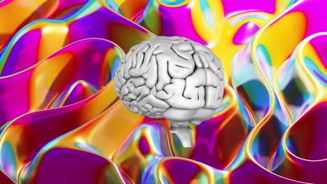 icono del cerebro humano girando contra el colorido fondo de efecto líquido metálico