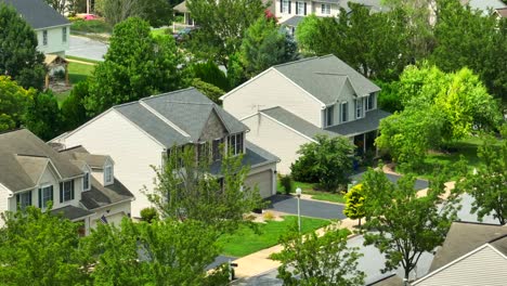 american houses in residential neighborhood lined with mature trees