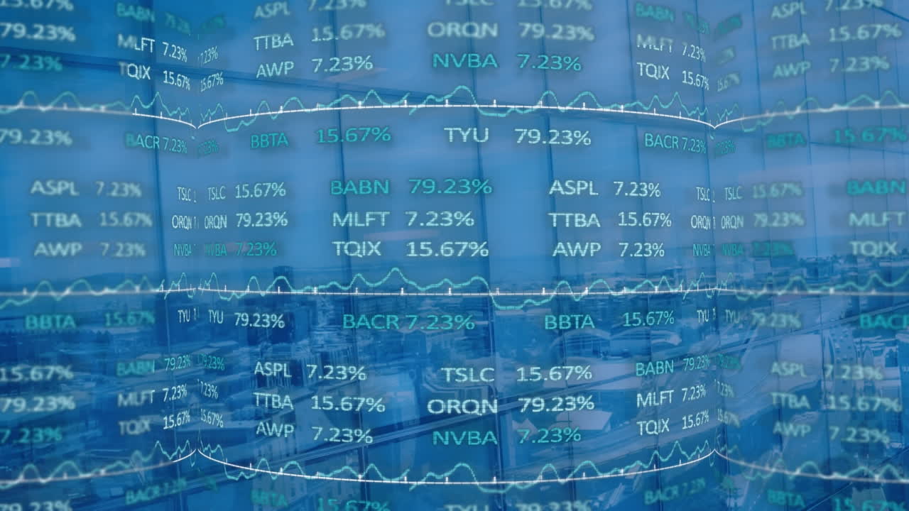 Animation of stock market over cityscape
