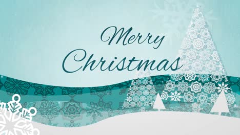 Animation-of-merry-christmas-text-with-christmas-trees-on-green-background
