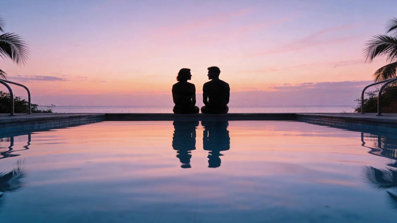 Sitting couple turning heads toward sunset over ocean at pool edge, reflecting silhouettes