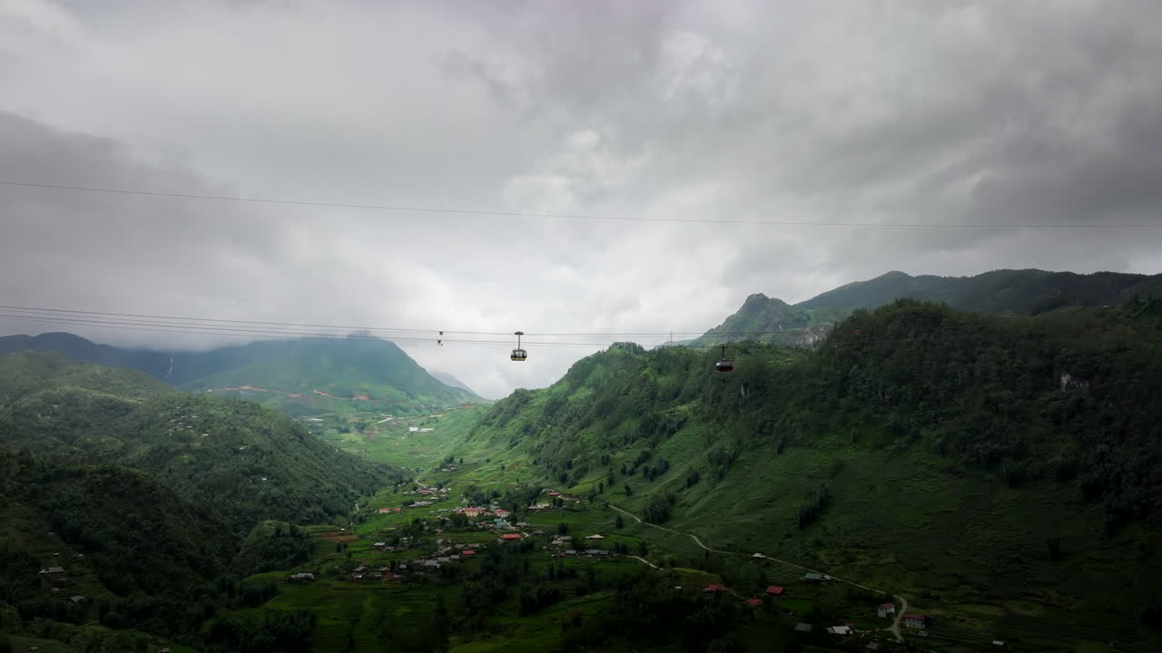 Aerial View of Mountains and Valley with Cable Cars in Vietnam