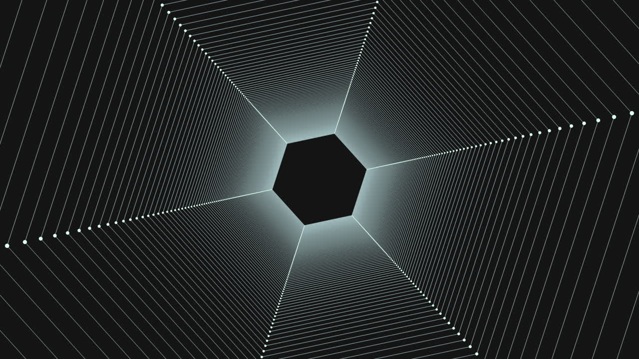 hexágonos abstractos de arco iris girando en un agujero oscuro con puntos de neón en el gradiente negro