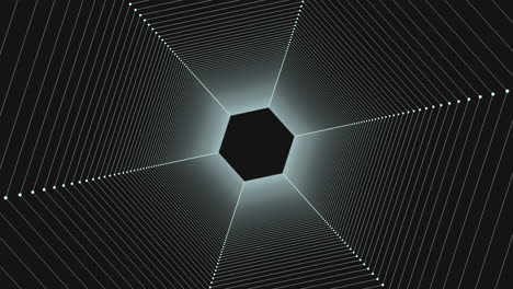 hexágonos abstractos de arco iris girando en un agujero oscuro con puntos de neón en el gradiente negro