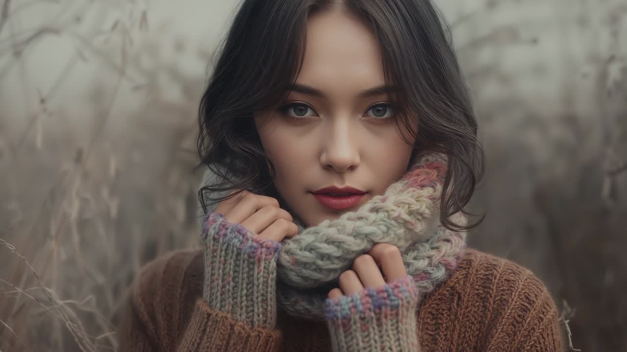 Chilly breeze causing woman adjusting chunky knit scarf in frost-touched field, fingerless gloves
