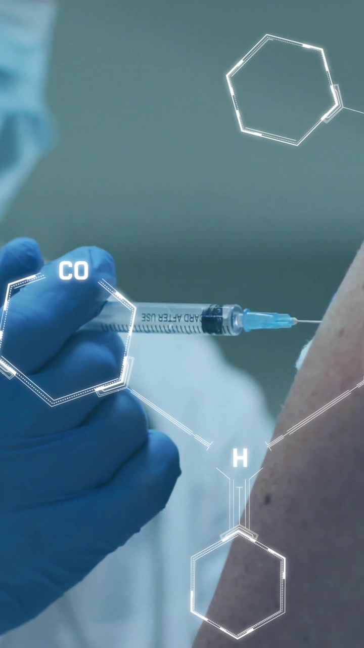 Animation of chemical formula over male doctor with patient taking vaccine
