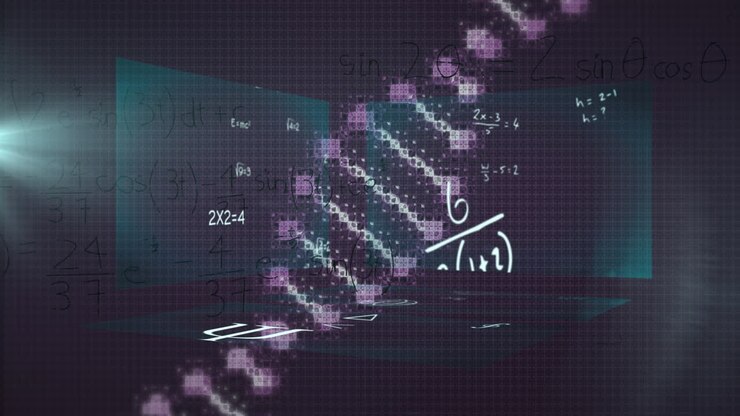 Animation of dna helix, lens flare and mathematical equations against abstract background
