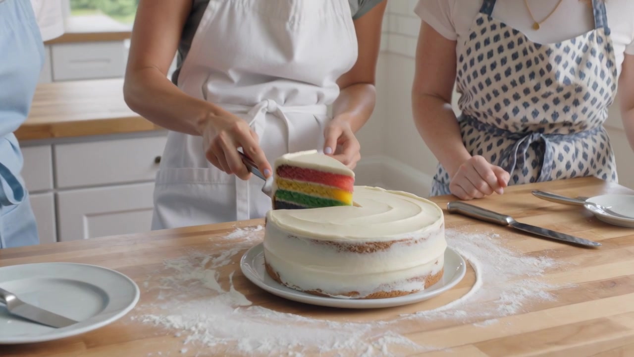 Starting scoring, center woman using spatula slicing rainbow cake kitchen island to serve in aprons