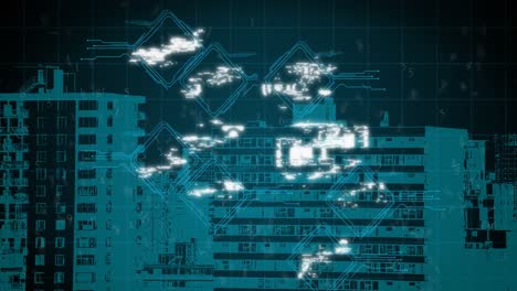 animation of digital icons over cityscape