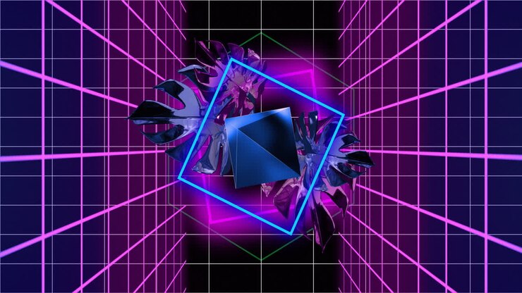 Geometric shapes and neon grid animation creating futuristic digital tunnel effect