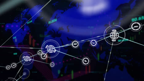 Animation-of-network-of-connections-and-data-processing-over-world-map