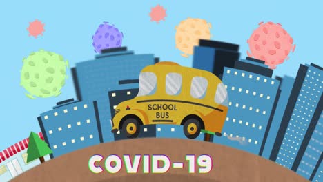 autobús escolar conduciendo sobre las células de coronavirus.