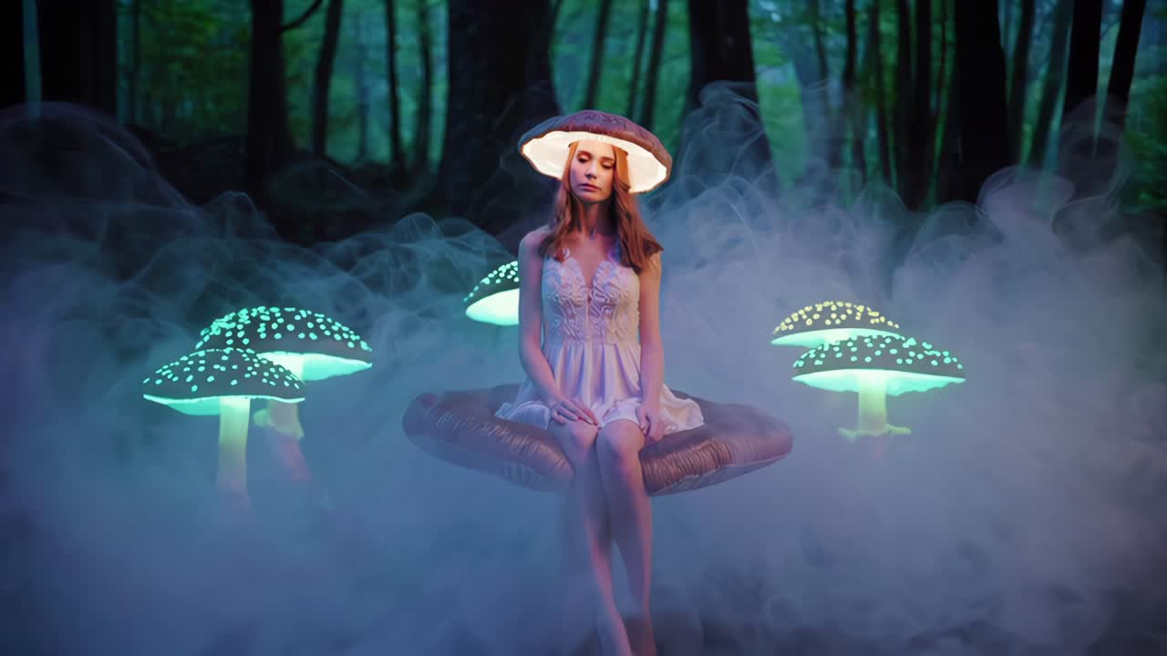mujer en un bosque con setas brillantes