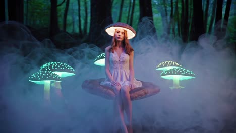 woman in a forest with glowing mushrooms