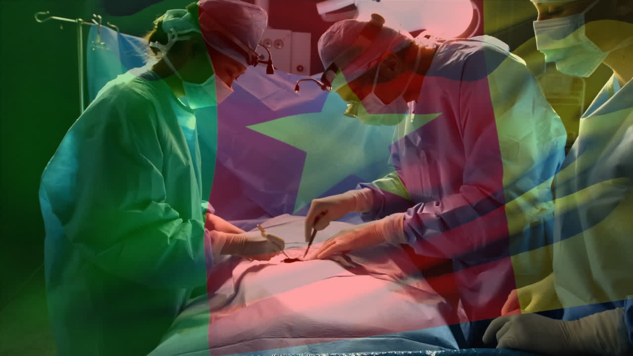 animación de la bandera de camerún ondeando sobre los cirujanos en el quirófano