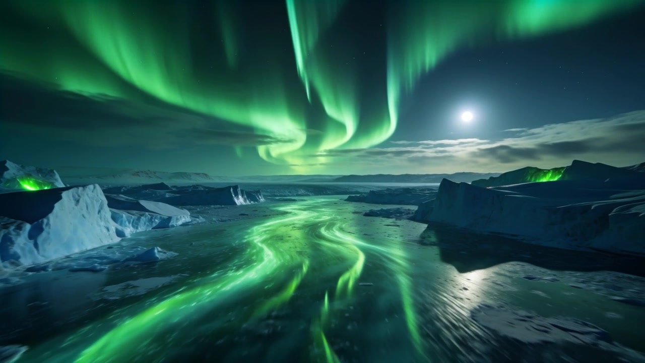 Inquadratura della telecamera, tende aurorali verdi che si muovono sopra scogliere di ghiaccio polari illuminate dalla luna che si riflettono sull'acqua.